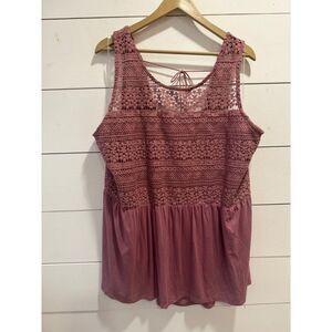 NWT Lane Bryant Crochet Bodice Babydoll Mauve Swing Tie Back Tank Top 26/28